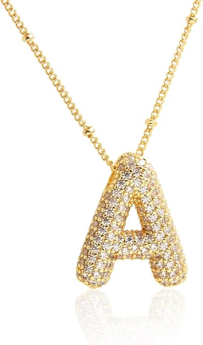 925 Sterling Silver chain Bubble Letter Necklace, 14K Gold Plated Balloon Initial Pendant Box Chain Necklace Dainty Pave CZ Jewelry Gift for Women XL-052