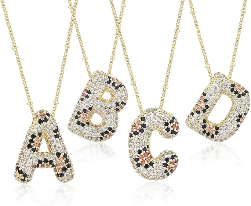 925 Sterling Silver chain Bubble Letter Necklace, 14K Gold Plated Balloon Initial Pendant Box Chain Necklace Dainty Pave CZ Jewelry Gift for Women XL-052