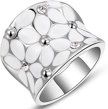 Womens Elegant Enamel Flower White Gold Band Bloom Petal Platinum Wedding Engagement Ring Crystal Inlay JZ-048