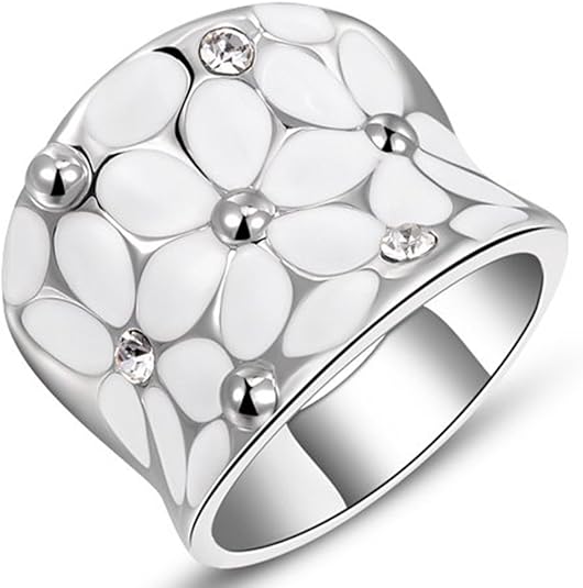 Womens Elegant Enamel Flower White Gold Band Bloom Petal Platinum Wedding Engagement Ring Crystal Inlay JZ-048