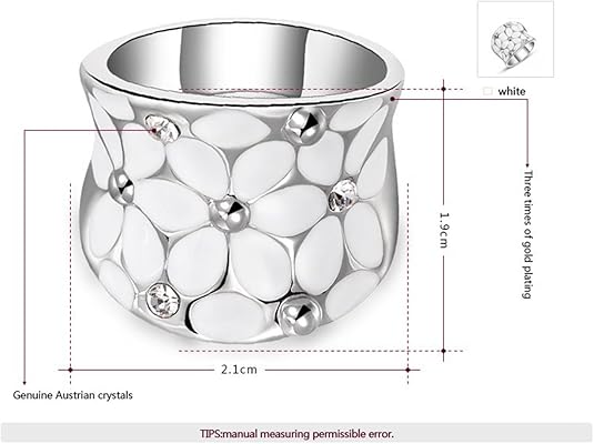 Womens Elegant Enamel Flower White Gold Band Bloom Petal Platinum Wedding Engagement Ring Crystal Inlay JZ-048