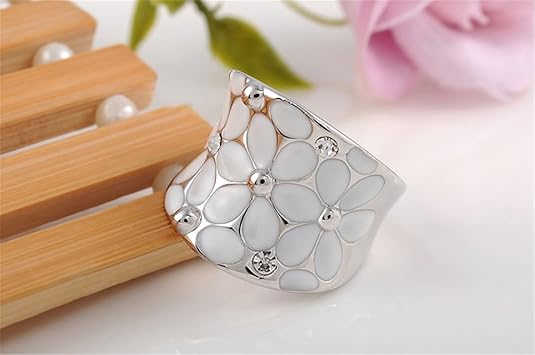 Womens Elegant Enamel Flower White Gold Band Bloom Petal Platinum Wedding Engagement Ring Crystal Inlay JZ-048