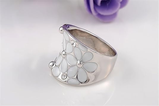 Womens Elegant Enamel Flower White Gold Band Bloom Petal Platinum Wedding Engagement Ring Crystal Inlay JZ-048