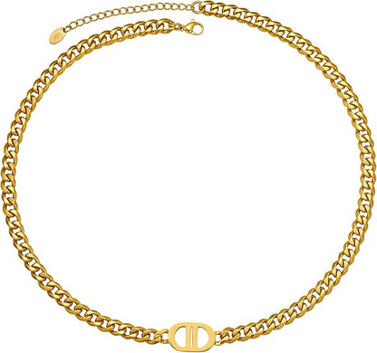 Womens 18K Real Gold Plated Initial Necklace Choker with Double D Letter, 6mm 316L Stainless Steel Diamond-Cut Curb Cuban Link Chain(Custom Box and Pouch Packing for Gift) XL-53
