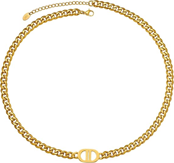 Womens 18K Real Gold Plated Initial Necklace Choker with Double D Letter, 6mm 316L Stainless Steel Diamond-Cut Curb Cuban Link Chain(Custom Box and Pouch Packing for Gift) XL-53