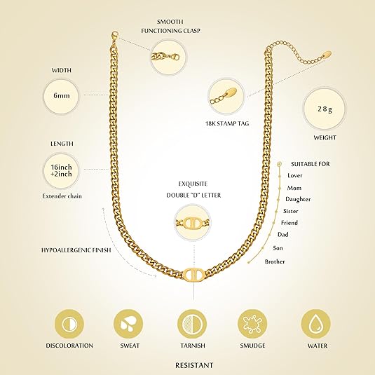 Womens 18K Real Gold Plated Initial Necklace Choker with Double D Letter, 6mm 316L Stainless Steel Diamond-Cut Curb Cuban Link Chain(Custom Box and Pouch Packing for Gift) XL-53