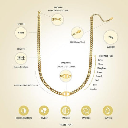 Womens 18K Real Gold Plated Initial Necklace Choker with Double D Letter, 6mm 316L Stainless Steel Diamond-Cut Curb Cuban Link Chain(Custom Box and Pouch Packing for Gift) XL-53