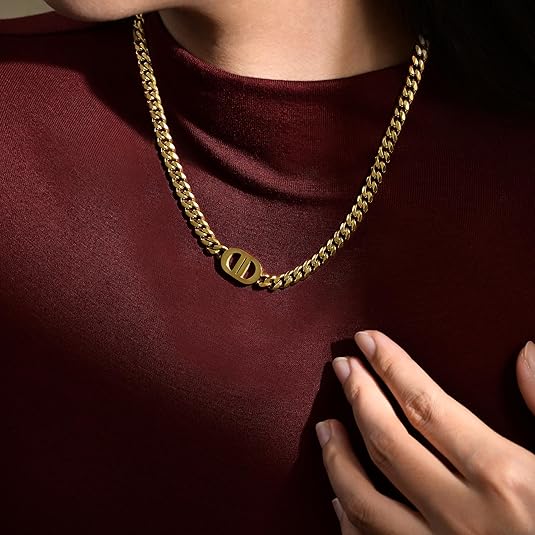 Womens 18K Real Gold Plated Initial Necklace Choker with Double D Letter, 6mm 316L Stainless Steel Diamond-Cut Curb Cuban Link Chain(Custom Box and Pouch Packing for Gift) XL-53