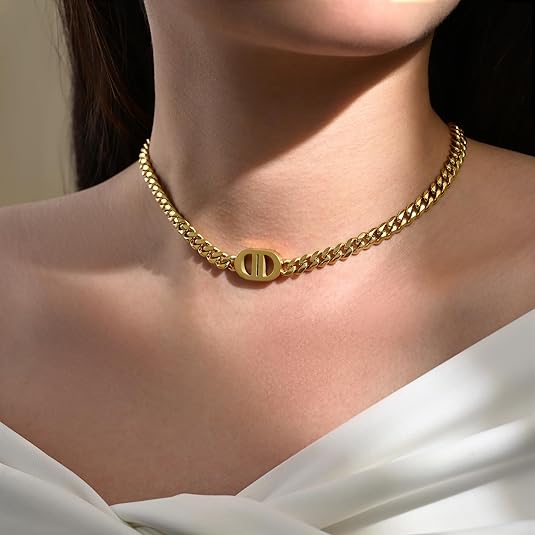 Womens 18K Real Gold Plated Initial Necklace Choker with Double D Letter, 6mm 316L Stainless Steel Diamond-Cut Curb Cuban Link Chain(Custom Box and Pouch Packing for Gift) XL-53