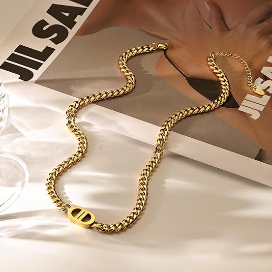 Womens 18K Real Gold Plated Initial Necklace Choker with Double D Letter, 6mm 316L Stainless Steel Diamond-Cut Curb Cuban Link Chain(Custom Box and Pouch Packing for Gift) XL-53