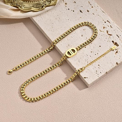 Womens 18K Real Gold Plated Initial Necklace Choker with Double D Letter, 6mm 316L Stainless Steel Diamond-Cut Curb Cuban Link Chain(Custom Box and Pouch Packing for Gift) XL-53