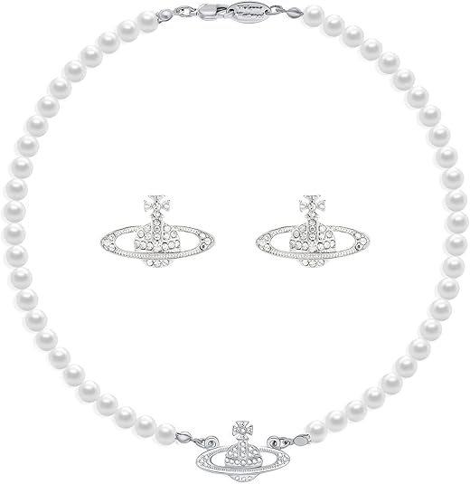925 Sterling Silver chain Saturn Pearl Necklace White Pearl Choker Necklace for Women Crystal Rhinestone Planet Necklace and Silver Saturn Stud Earrings Set Jewelry Gifts for Birthday Anniversary Christmas Day XL-056