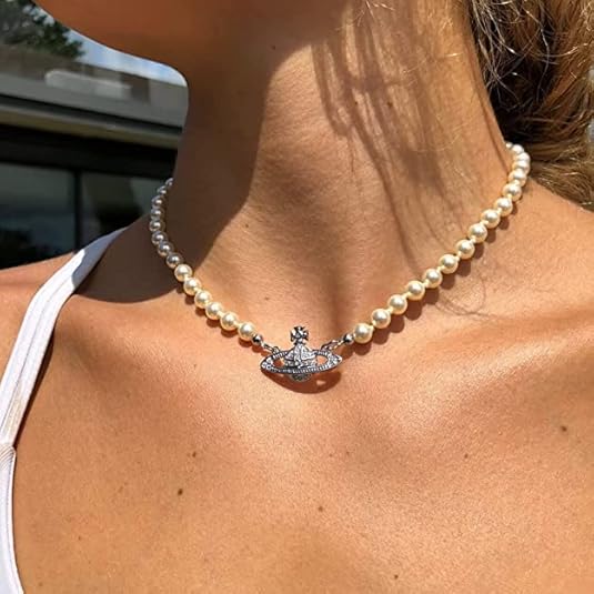 925 Sterling Silver chain Saturn Pearl Necklace White Pearl Choker Necklace for Women Crystal Rhinestone Planet Necklace and Silver Saturn Stud Earrings Set Jewelry Gifts for Birthday Anniversary Christmas Day XL-056