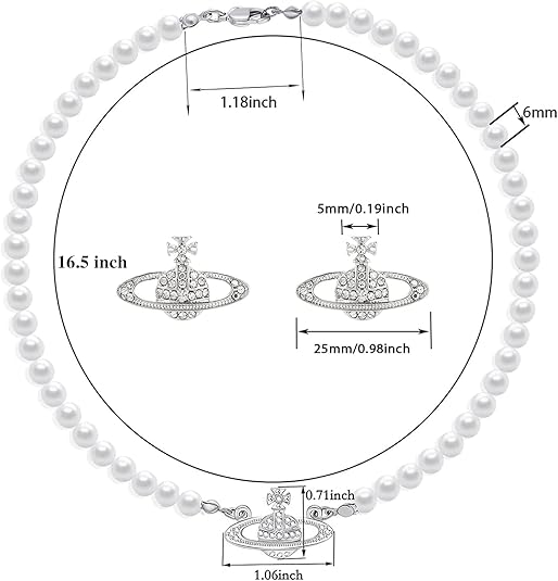 925 Sterling Silver chain Saturn Pearl Necklace White Pearl Choker Necklace for Women Crystal Rhinestone Planet Necklace and Silver Saturn Stud Earrings Set Jewelry Gifts for Birthday Anniversary Christmas Day XL-056