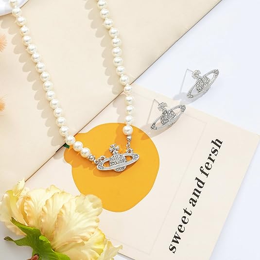 925 Sterling Silver chain Saturn Pearl Necklace White Pearl Choker Necklace for Women Crystal Rhinestone Planet Necklace and Silver Saturn Stud Earrings Set Jewelry Gifts for Birthday Anniversary Christmas Day XL-056