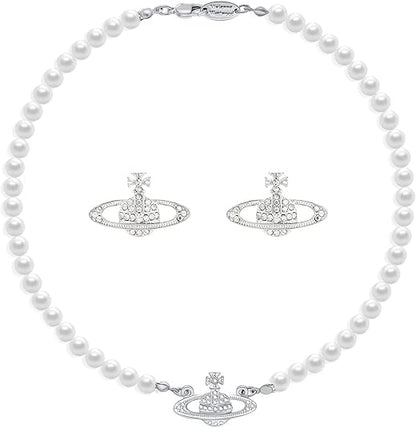 925 Sterling Silver chain Saturn Pearl Necklace White Pearl Choker Necklace for Women Crystal Rhinestone Planet Necklace and Silver Saturn Stud Earrings Set Jewelry Gifts for Birthday Anniversary Christmas Day XL-056