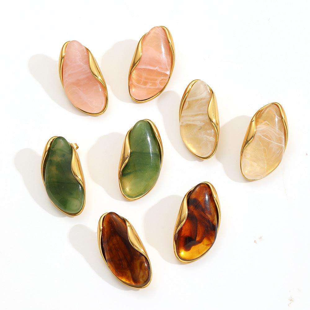Statement Earrings Irregular Gemstone Gold Plated Resin Jewelry Vintage Style Elegant Design Minimalist Accessories Colorful Stones Fashion Jewelry Unique Earrings RH-052