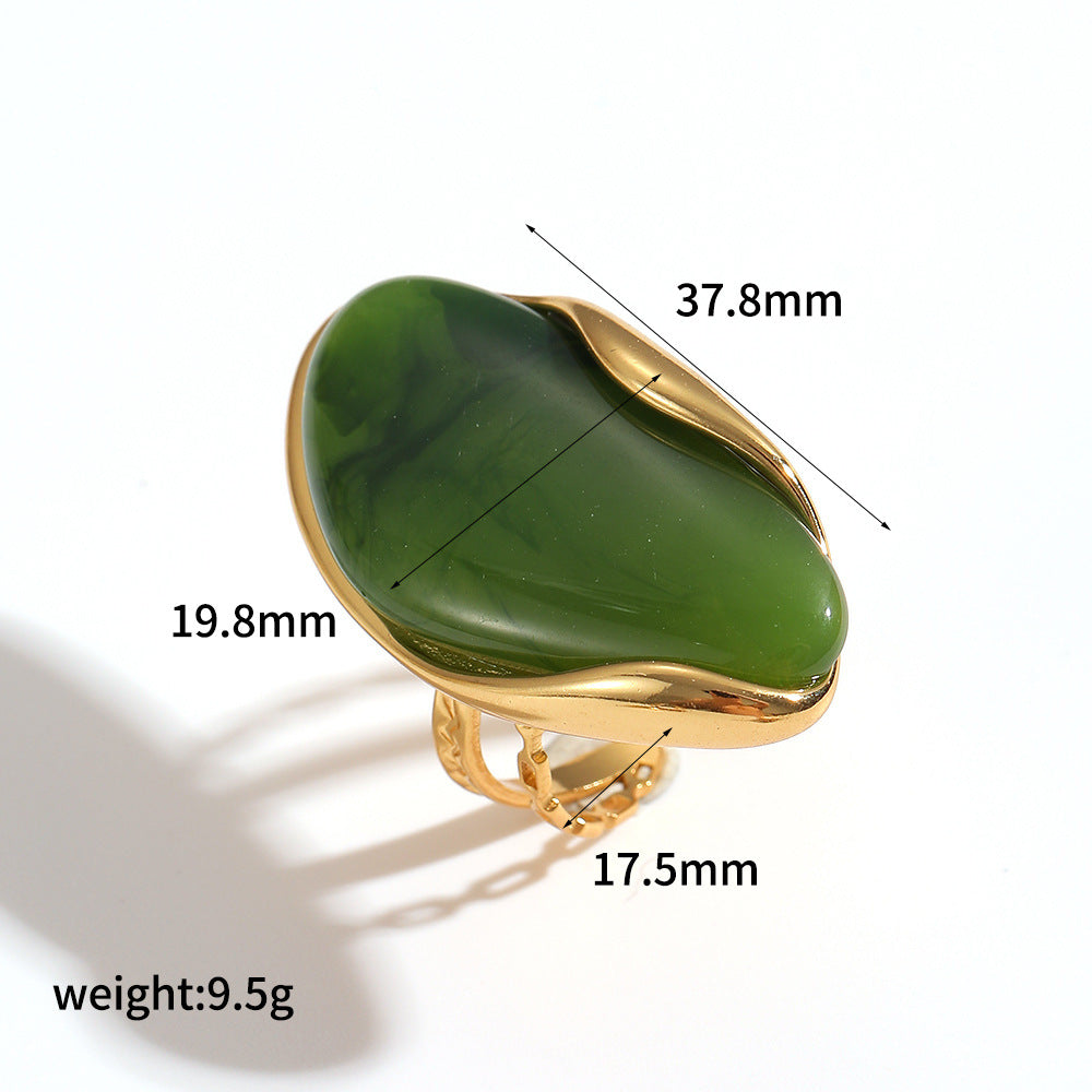 Statement Ring Green Gemstone Gold Plated Irregular Design Adjustable Band Resin Jewelry Vintage Style Elegant Accessories Unique Ring Fashion Jewelry JZ-054