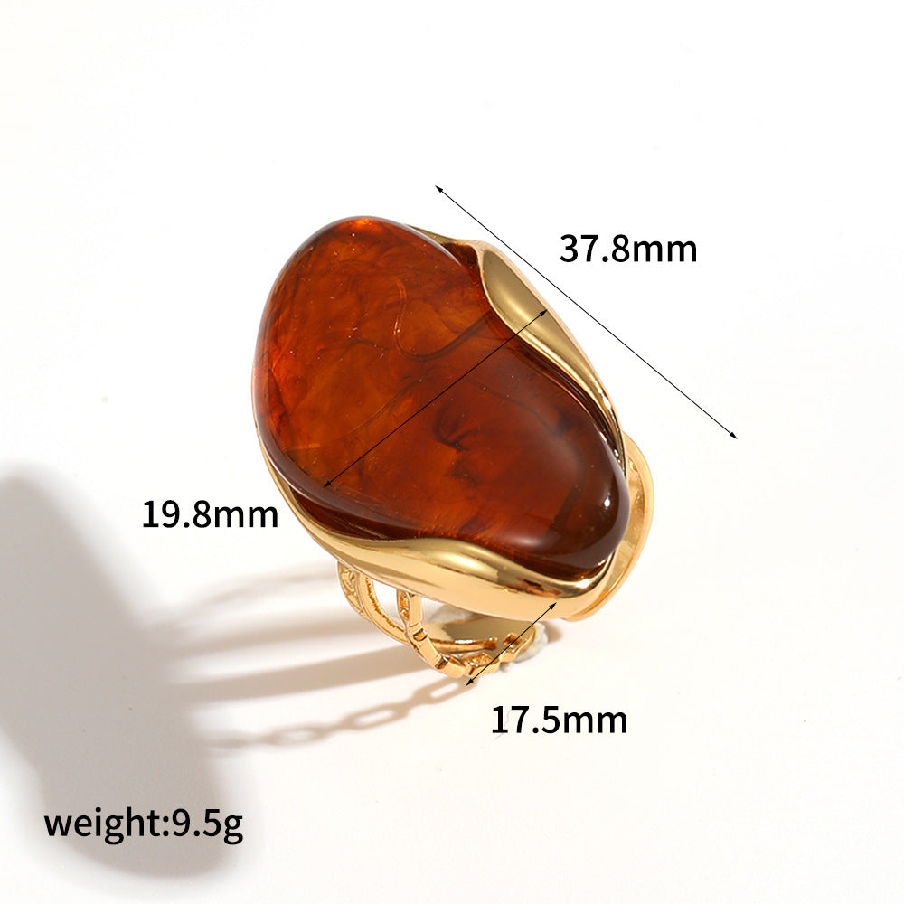 Statement Ring Green Gemstone Gold Plated Irregular Design Adjustable Band Resin Jewelry Vintage Style Elegant Accessories Unique Ring Fashion Jewelry JZ-054