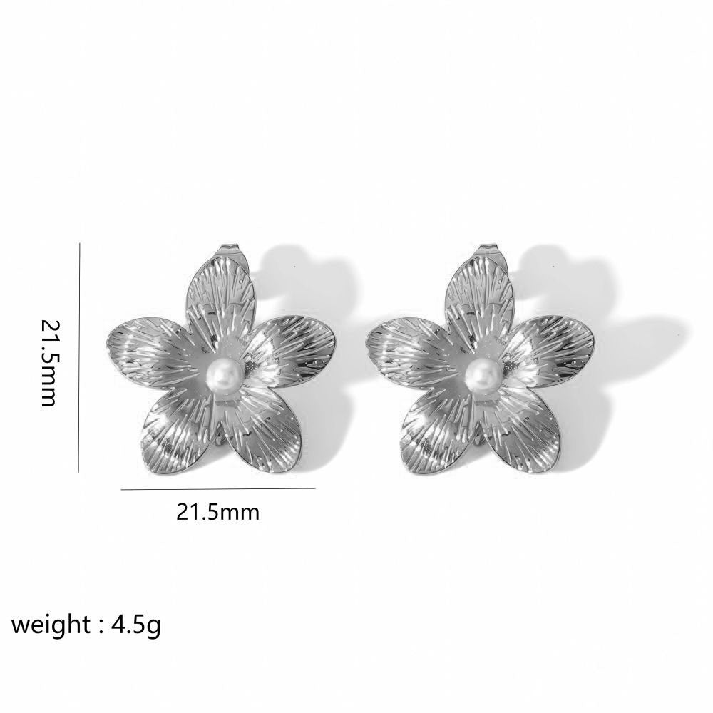 Flower Stud Earrings Pearl Center Five Petals Elegant Design Statement Jewelry Vintage Style Unique Accessories Fashion Earrings Artistic Jewelry EH-055