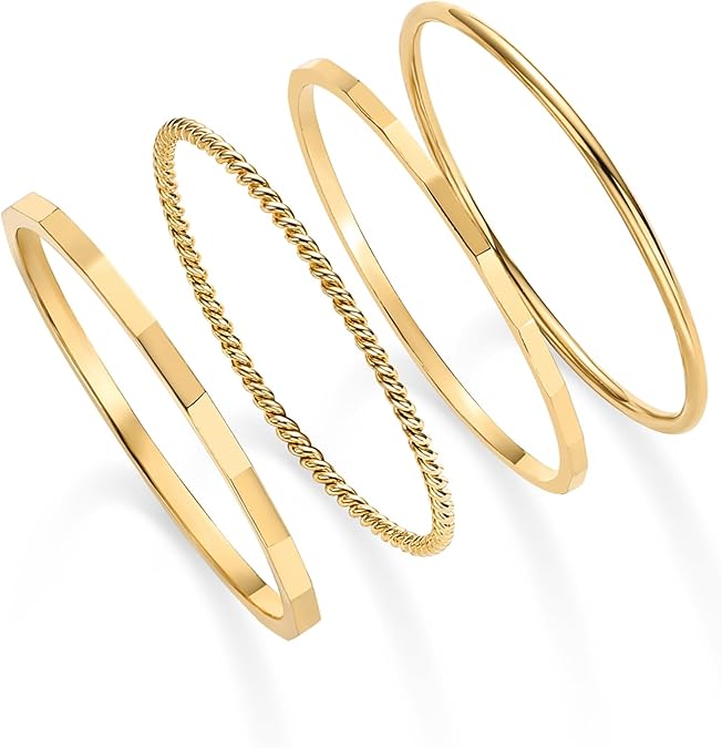 14K Gold Plated Four Pieces Thin Rings Set for Women | 4 Dainty Stacking Rings Pack | Minimalist Stackable Bands JZ-059