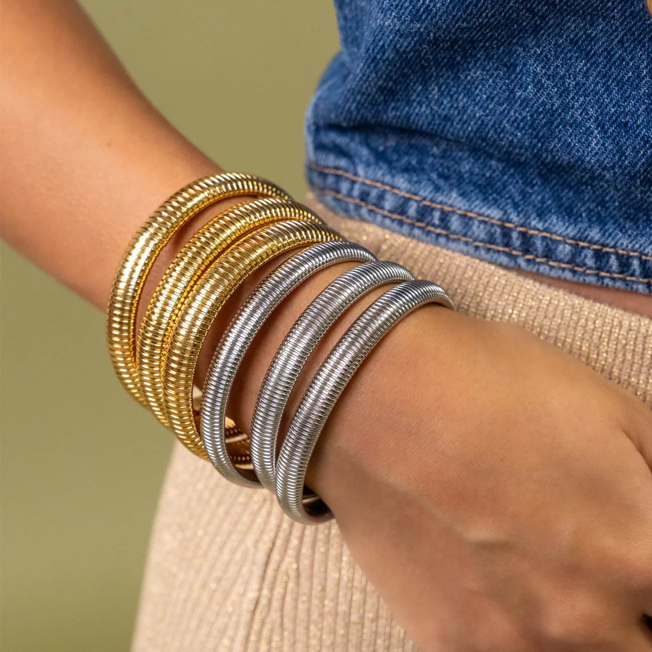 Ribbed open cuff bracelets with silver and gold finishes SL-052