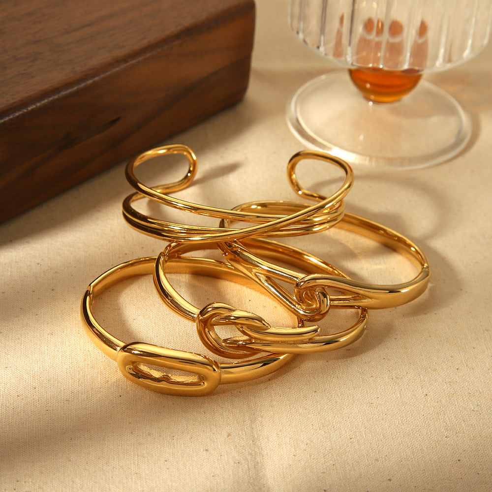Multi-style gold-toned fashion bracelet set with knot/oval/criss-cross designs, multi-size options, tarnish-resistant metal and stackable function SL-053