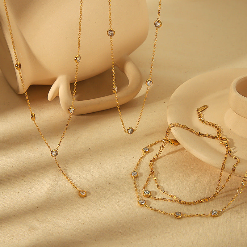 4-style gold necklaces (double-layer diamond,scattered diamond, Y-dynamic diamond): premium wear-resistant, color-retaining, for daily/party/gifting XL-057