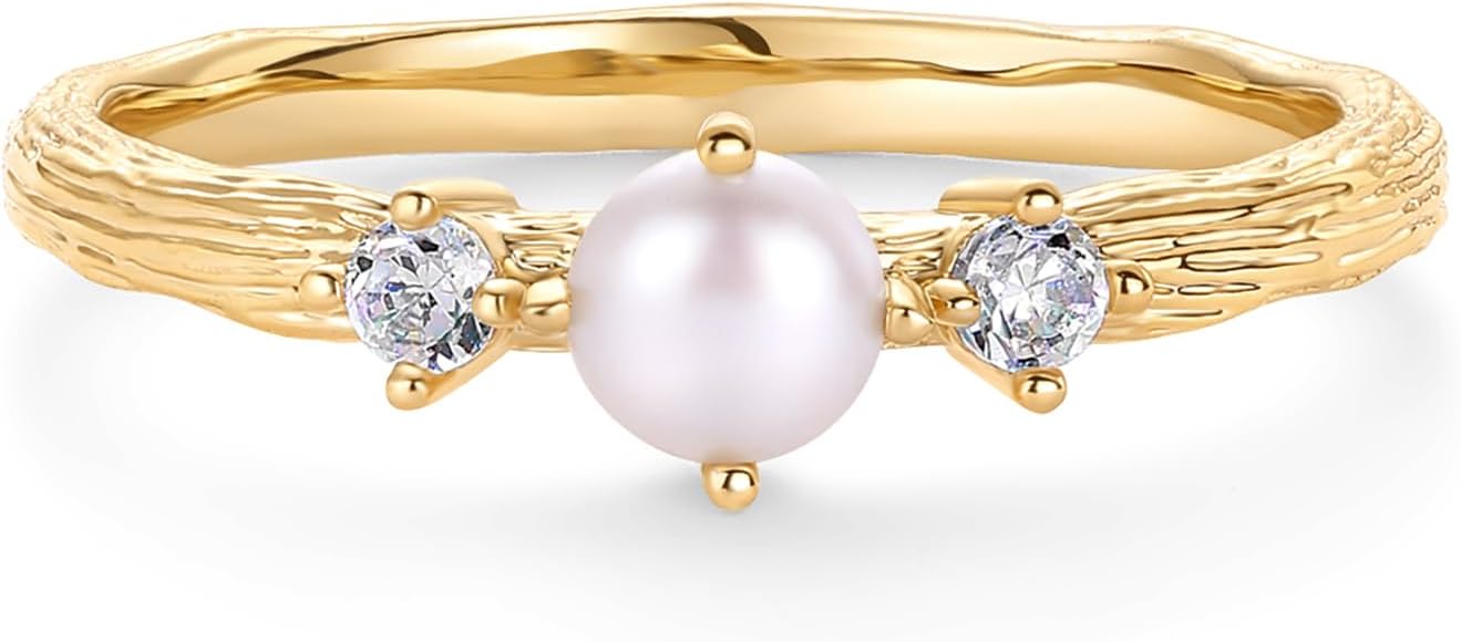 14K Gold Plated Pearl Hammered Ring for Women JZ-060