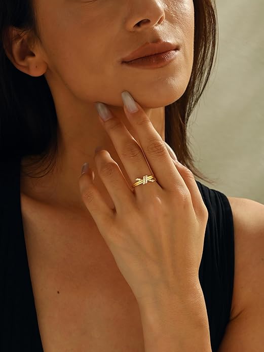Gold Rings for Women Non Tarnish, Diamond Twist Love Knot Ring JZ-063