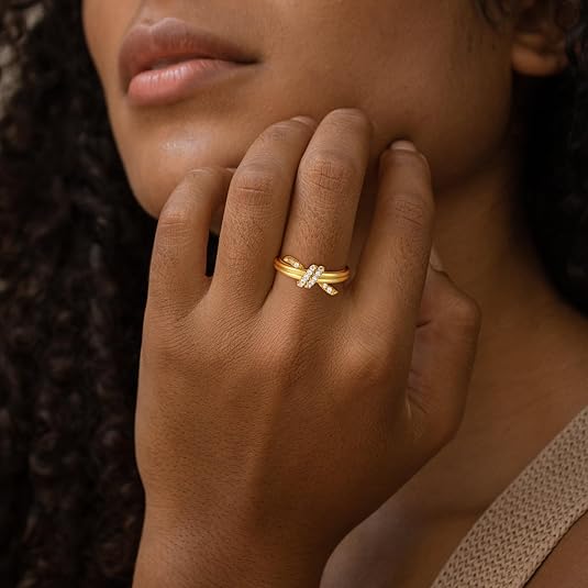 Gold Rings for Women Non Tarnish, Diamond Twist Love Knot Ring JZ-063