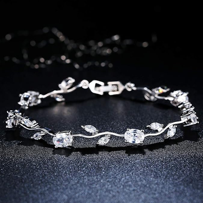 Lovely White Gold Plated AAA Cubic Zirconia Gemstone Flower Vine 7 Inches Bracelet SL-057