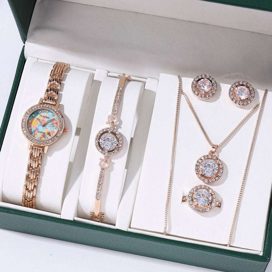 silver jewelry set watch bracelet necklace earrings ring minimalist fashion crystal stainless steel elegant gift party daily wear matching set XL-060