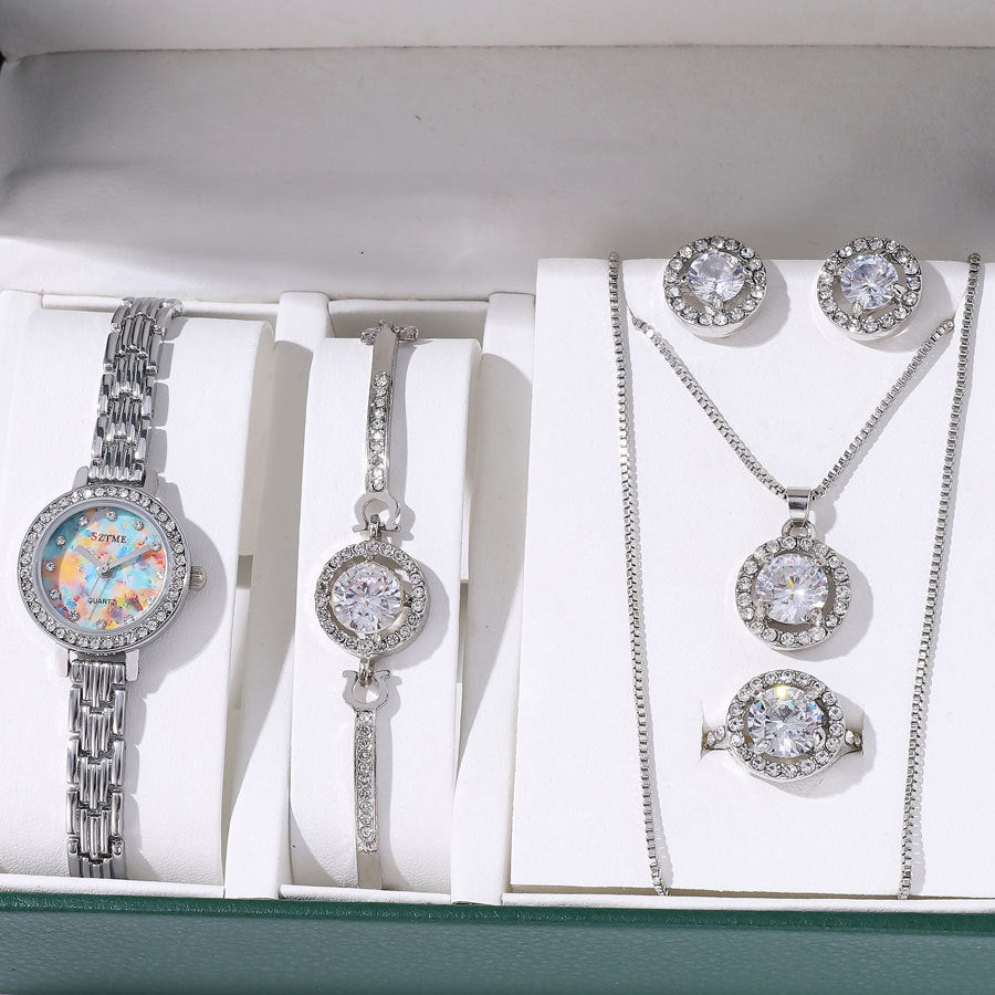 silver jewelry set watch bracelet necklace earrings ring minimalist fashion crystal stainless steel elegant gift party daily wear matching set XL-060