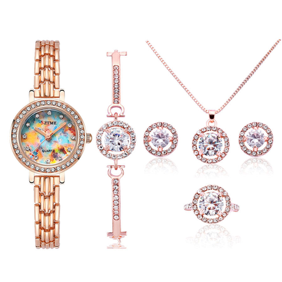 silver jewelry set watch bracelet necklace earrings ring minimalist fashion crystal stainless steel elegant gift party daily wear matching set XL-060