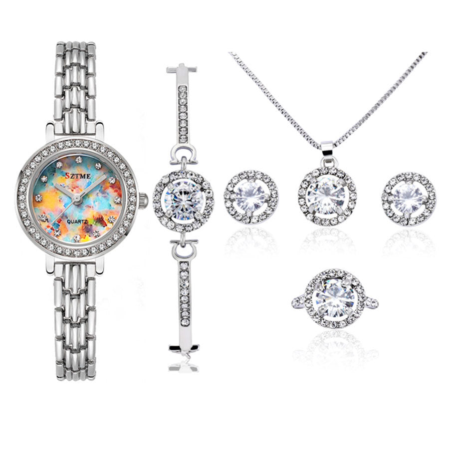 silver jewelry set watch bracelet necklace earrings ring minimalist fashion crystal stainless steel elegant gift party daily wear matching set XL-060