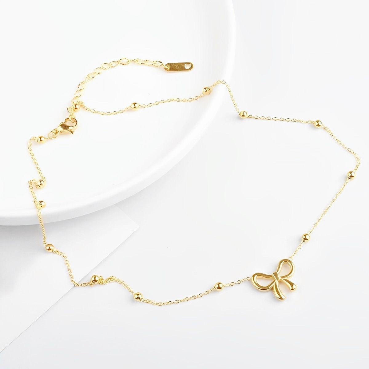 gold bow necklace minimalist jewelry dainty chain everyday wear stainless steel gift elegant bracelet anklet earrings set XL-058