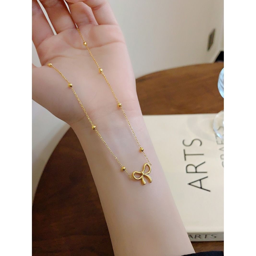 gold bow necklace minimalist jewelry dainty chain everyday wear stainless steel gift elegant bracelet anklet earrings set XL-058