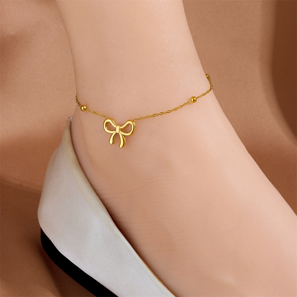 gold bow necklace minimalist jewelry dainty chain everyday wear stainless steel gift elegant bracelet anklet earrings set XL-058