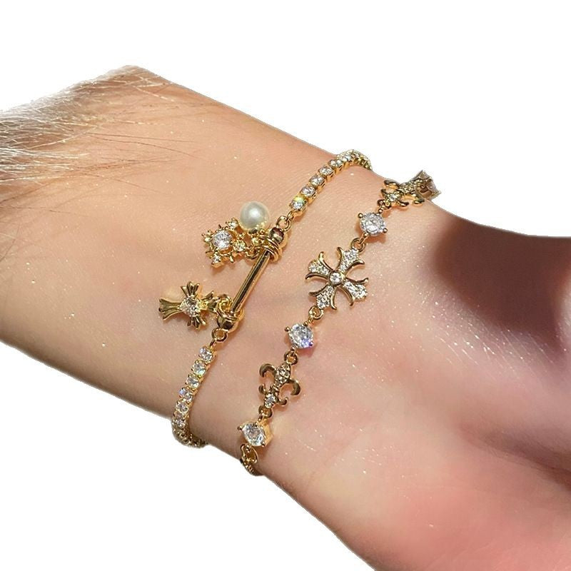 gold bracelet minimalist jewelry crystal charm pearl accent stainless steel daily wear layering elegant gift SL-061