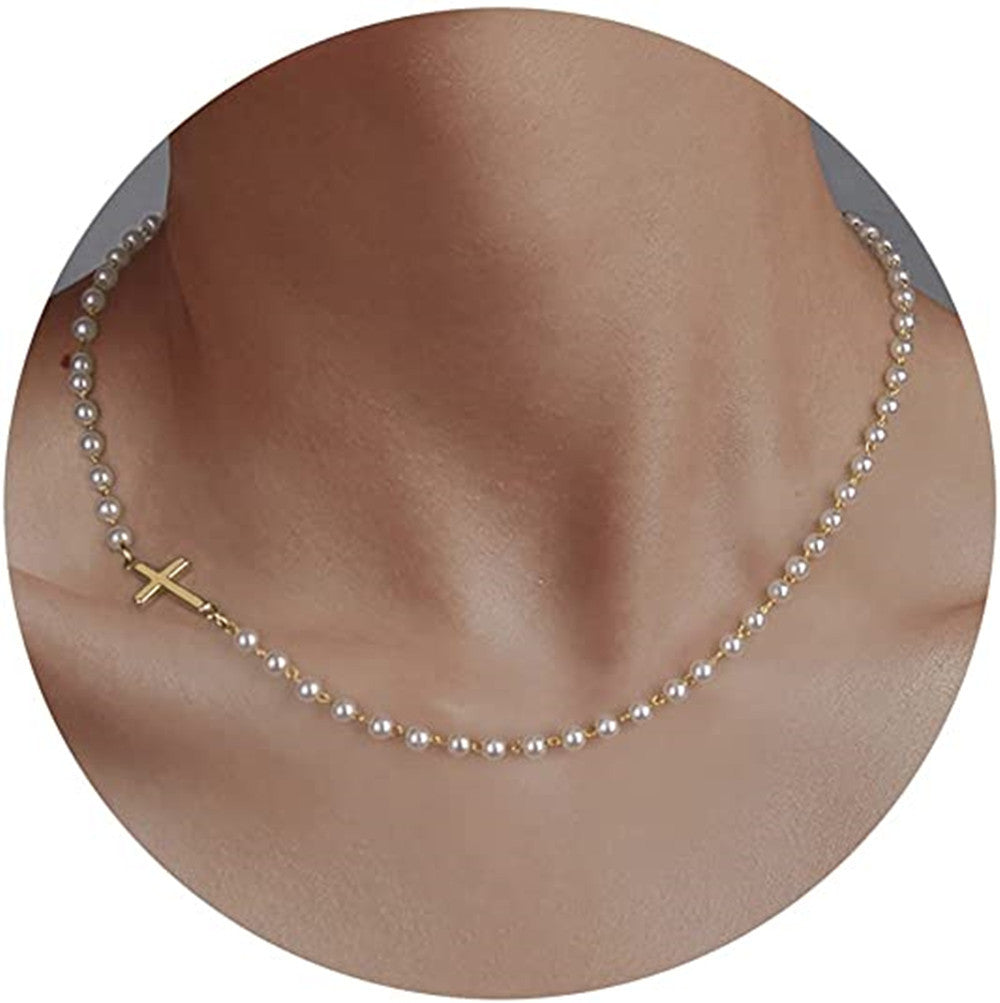pearl cross necklace minimalist jewelry gold accent elegant fashion daily wear layered style gift XL-059