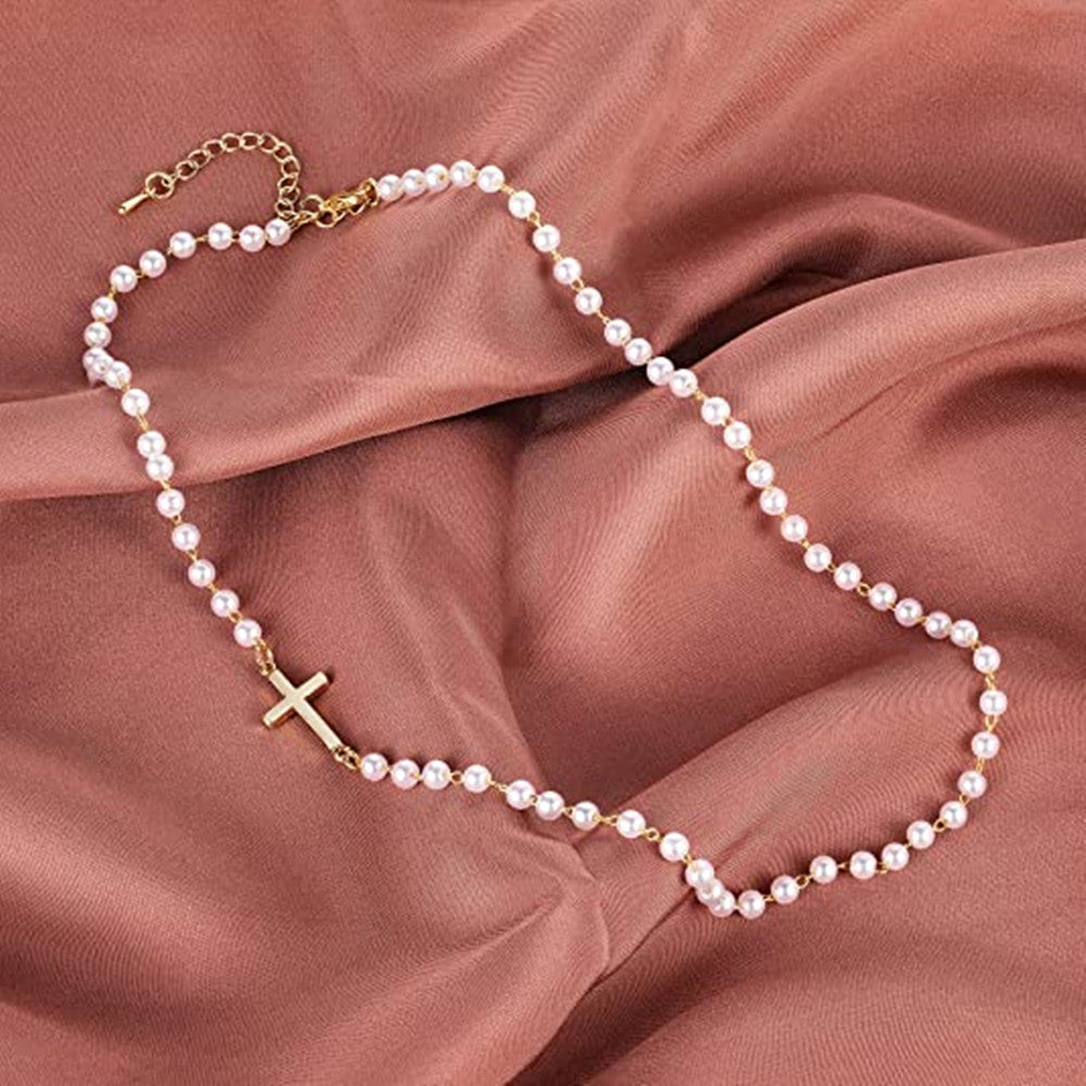 pearl cross necklace minimalist jewelry gold accent elegant fashion daily wear layered style gift XL-059