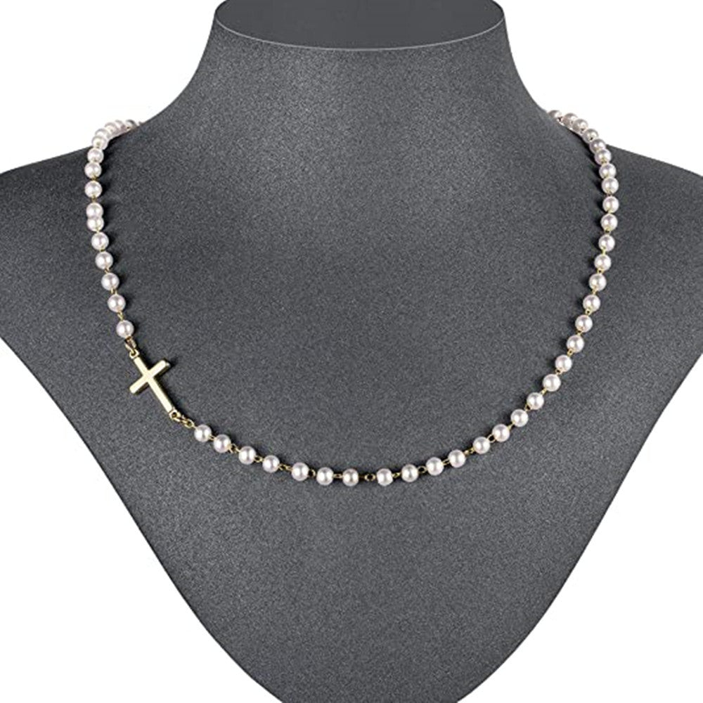 pearl cross necklace minimalist jewelry gold accent elegant fashion daily wear layered style gift XL-059