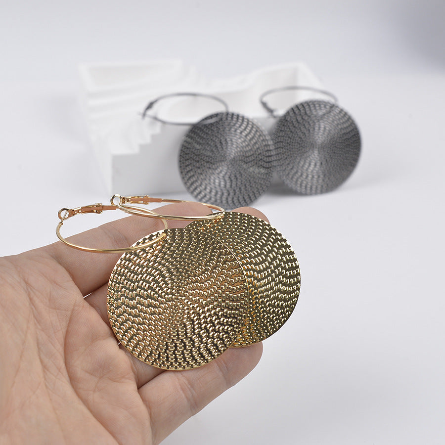 hoop earrings statement jewelry round disc earrings textured metal earrings minimalist fashion daily wear party style lightweight gift EH-063