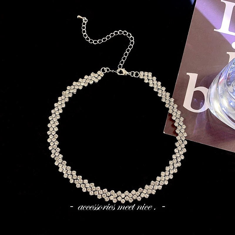 rhinestone choker necklace crystal statement necklace sparkly jewelry adjustable chain night out party accessory minimalist glamour XL-062