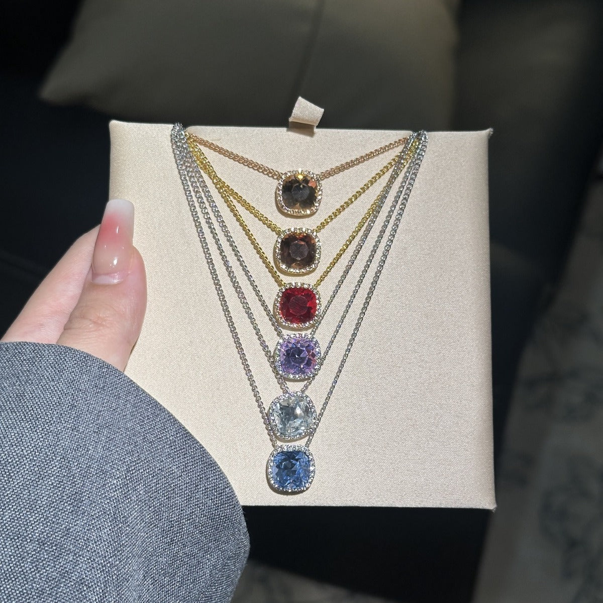 Colorful Gemstone Necklaces with Diamond Halo, Various Colored Stones & Gold/Silver Chains XL-063