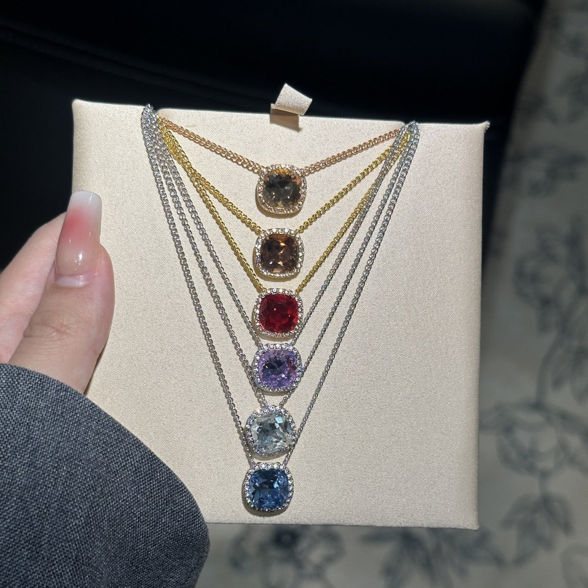 Colorful Gemstone Necklaces with Diamond Halo, Various Colored Stones & Gold/Silver Chains XL-063