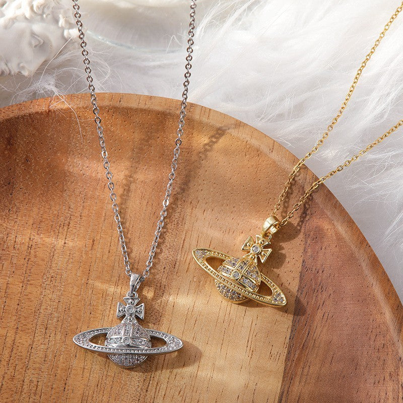 Diamond-Encrusted Saturn Pendant Necklaces in Gold & Silver, Statement Celestial Jewelry XL-064