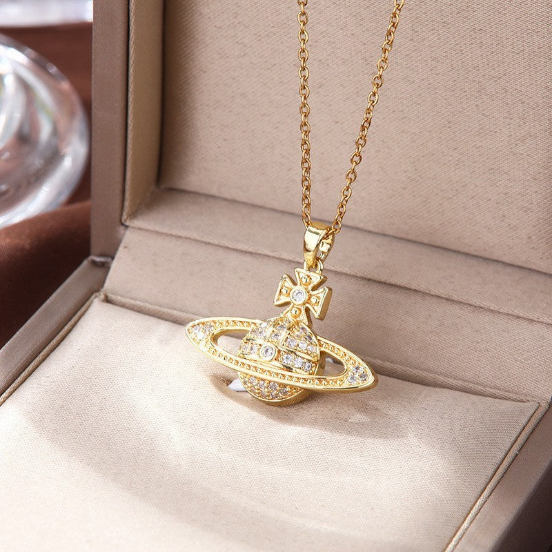 Diamond-Encrusted Saturn Pendant Necklaces in Gold & Silver, Statement Celestial Jewelry XL-064