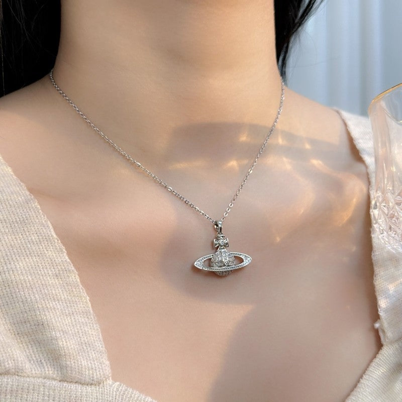 Diamond-Encrusted Saturn Pendant Necklaces in Gold & Silver, Statement Celestial Jewelry XL-064